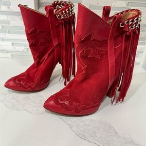 Zara Red Heeled Fringe Boots